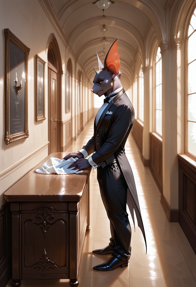 lazympos, AnthroBat,
1boy, butler, standing, cleaning table, in hallway, from side