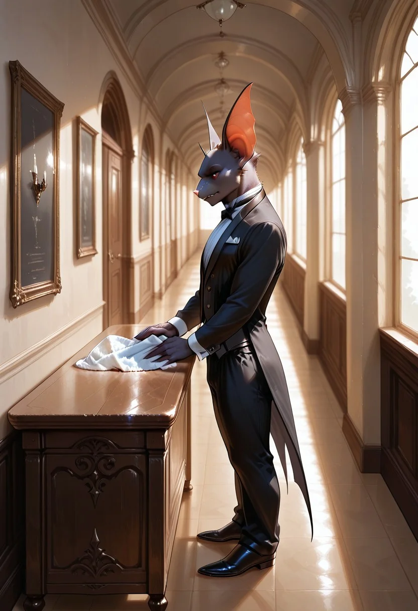 lazympos, AnthroBat,
1boy, butler, standing, cleaning table, in hallway, from side