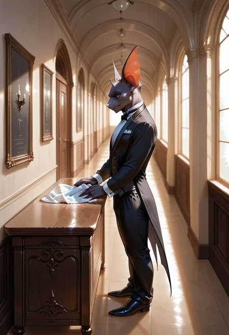 lazympos, AnthroBat,
1boy, butler, standing, cleaning table, in hallway, from side