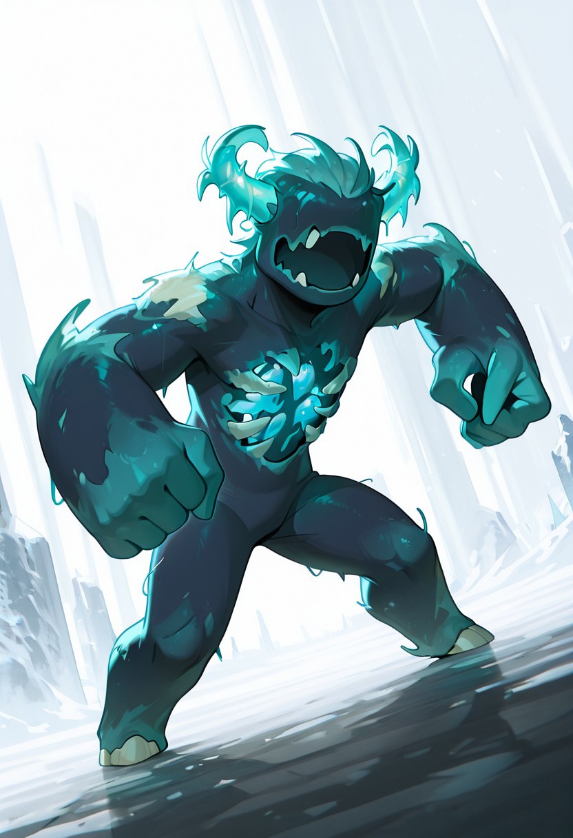masterpiece, best quality, amazing quality, very aesthetic, absurdres, newest, detailed background, foreground blur, volumetric lighting, sharp, 4k, hd, 
warden, glowing horns, standing, solo, monster, open mouth, creature, teeth, no eyes, pokemon (creature), ribs, colored skin, ((wide head, big head,)),, no teeth, no humans, big arms,  no hands, no wrists, wide body, short legs, no teeth, 
, dynamic angle, daytime, fighting stance, smile, big smile, no teeth,