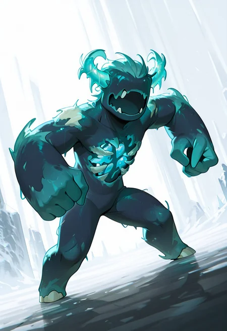 masterpiece, best quality, amazing quality, very aesthetic, absurdres, newest, detailed background, foreground blur, volumetric lighting, sharp, 4k, hd, 
warden, glowing horns, standing, solo, monster, open mouth, creature, teeth, no eyes, pokemon (creature), ribs, colored skin, ((wide head, big head,)),, no teeth, no humans, big arms,  no hands, no wrists, wide body, short legs, no teeth, 
, dynamic angle, daytime, fighting stance, smile, big smile, no teeth,