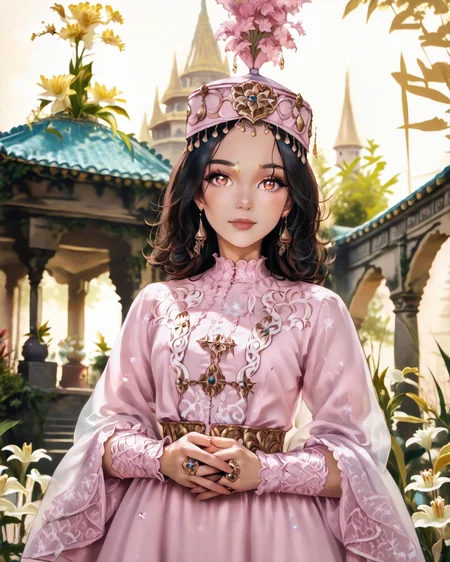 score_9, score_8_up, score_7_up, 1girl, wearing kazfa, waist-up, wavy dark hair, beautiful eyes, very detailed clothes, (blue and pink clothes), gold accents, gorgeous gazebo, Moroccan architecture, lilies, nature, masterpiece, highest quality, absurdres, 8k, trending on artstation, (detailed,best quality:1.2), detailed face, detailed hair, <lora:ITITI:1>, PRSNL_3_1, <lora:KazakhFashionXL:1.1>