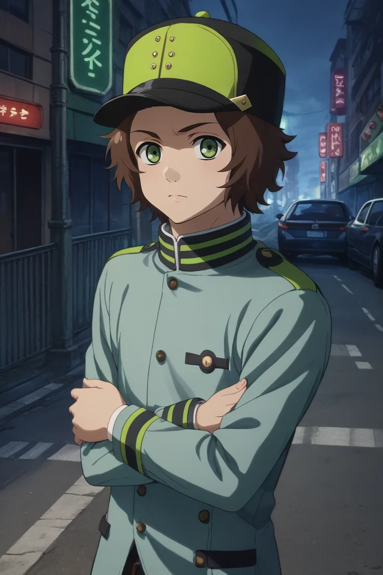 score_9, score_8_up, score_7_up, source_anime, rating_safe, , (photorealistic:0.6), looking at viewer, depth of field, 1boy, solo, male focus, <lora:yoichi_saotome_pony:0.98>, yoichi_saotome, brown hair, green eyes, short hair, hat, focused, hong kong \(city\), traffic signals, street lights, neon signs, dusk, arms under breasts, squinting, , <lora:sdxl_lightning_8step_lora:1>