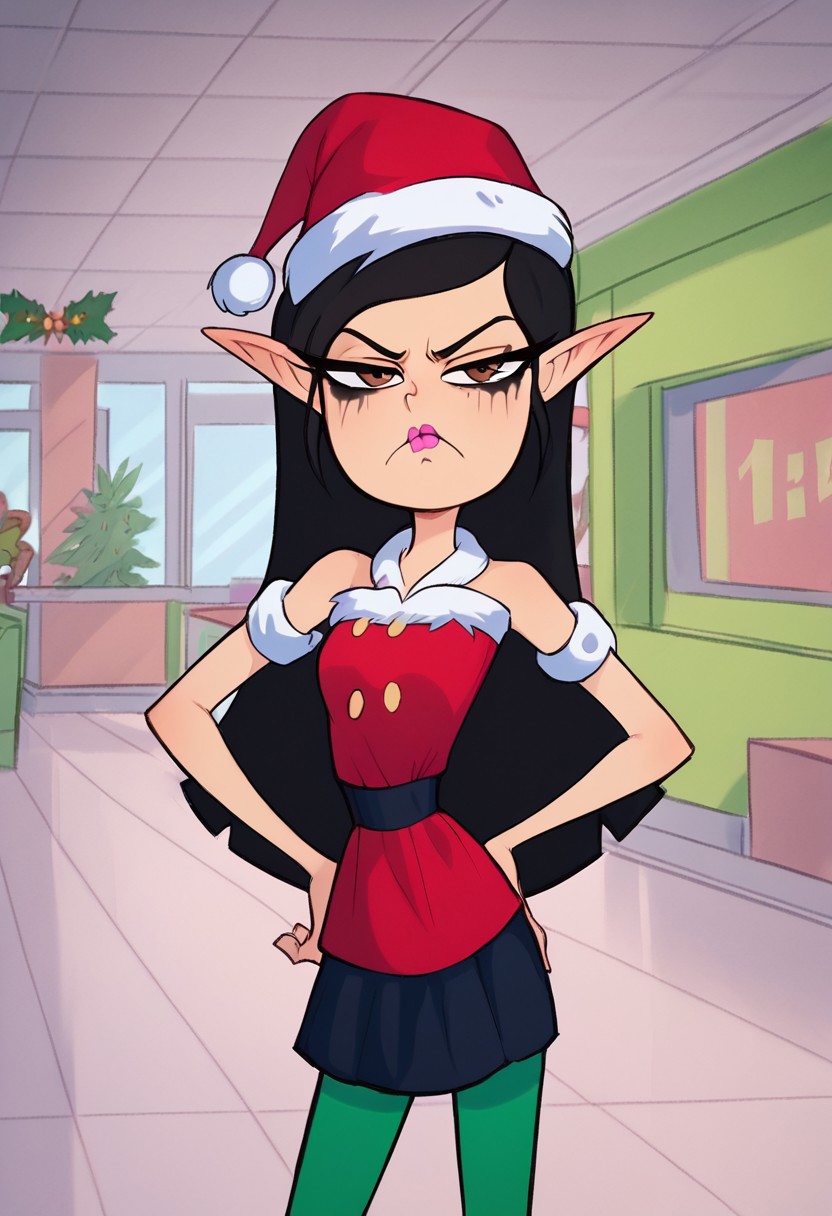 score_8_up, score_7_up, 1girl, solo, cute, upper body, standing, hand on hip, cute squint, frown, half-closed eyes, mouth closed, grumpy, looking at viewer, Brittney_W, Chinese-American girl, light skin, waist-length, black hair, brown eyes, pink lipstick, black mascara, christmas elf outfit, red hat, fake elf ears, short skirt, green leggings, working in mall, crowded mall, christmas season,