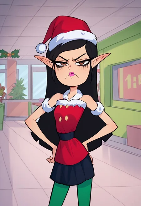 score_8_up, score_7_up, 1girl, solo, cute, upper body, standing, hand on hip, cute squint, frown, half-closed eyes, mouth closed, grumpy, looking at viewer, Brittney_W, Chinese-American girl, light skin, waist-length, black hair, brown eyes, pink lipstick, black mascara, christmas elf outfit, red hat, fake elf ears, short skirt, green leggings, working in mall, crowded mall, christmas season,