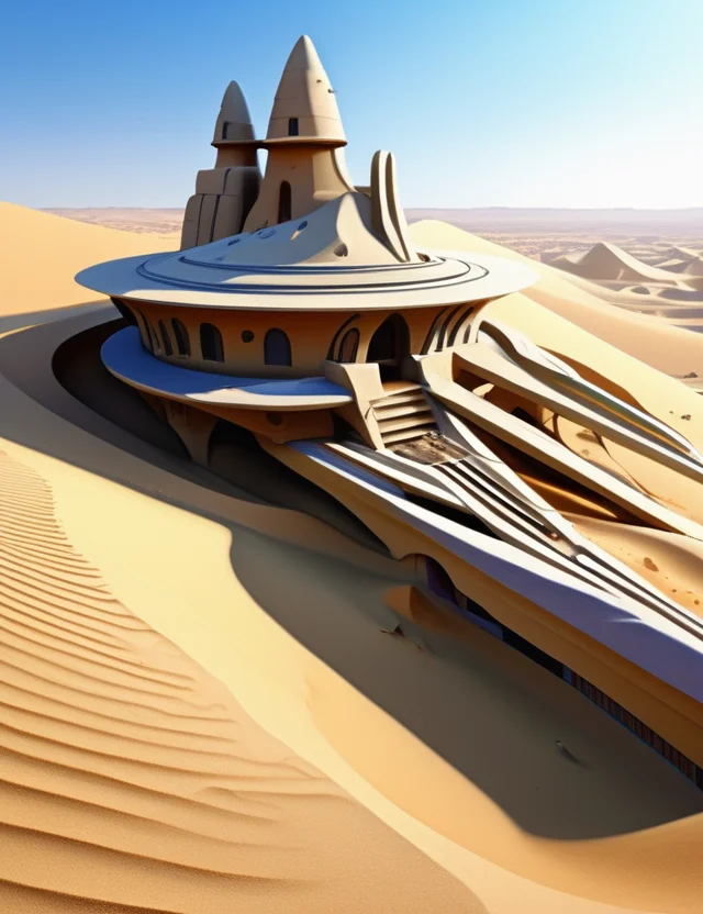 (masterpiece:1.2), ((digital art,realistic)), (hyper detailed),DonMS4ndW0rldXL, made of sand or sandstone, desert Village, scifi,<lora:DonMS4ndW0rldXL-000008:0.8>