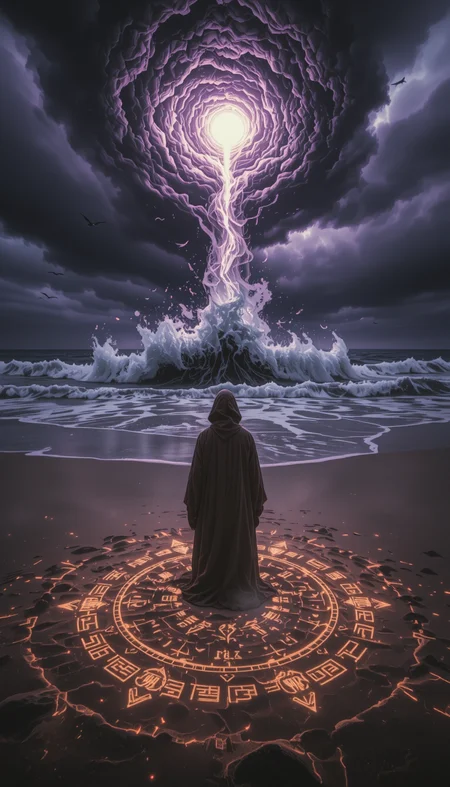 Vertical 9:16 composition, mystical and cinematic with realistic detail. A lone figure stands at the edge of a vast, wind-swept beach as a supernatural storm forms over the ocean. The person is dressed in a long, hooded cloak that flows dramatically in the rising wind, revealing faint glowing patterns on the fabric. Around their feet, the sand forms circular runes that emit a soft, golden light. The ocean is dark and restless, with waves rising unnaturally high and glowing slightly at their crests. Above, the sky churns with violet and deep gray clouds, swirling into a spiral, as if a portal is opening in the distance. A beam of light from the heavens breaks through the storm, shining directly on the figure. Birds flee in the distance. The atmosphere feels ancient, powerful, and sacred â as if nature itself is reacting to the presence of this chosen being. Hyper-detailed textures, glowing particles in the air, soft cinematic lighting, and an emotional, magical realism tone. No text, no symbols, pure environmental storytelling.
aidmaimageupgrader,aR3alism, OBxiaoxiang.