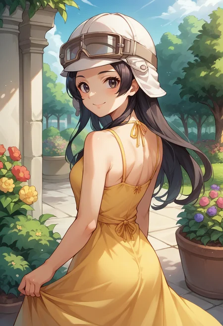 score_9, score_8_up, score_7_up, source_anime, 1girl, solo, asahismtiva, long hair, black hair, helmet, goggles on head, from behind, yellow sundress, garden, day, sunshine, smile, looking back, <lora:zs_AsahiXL:1>