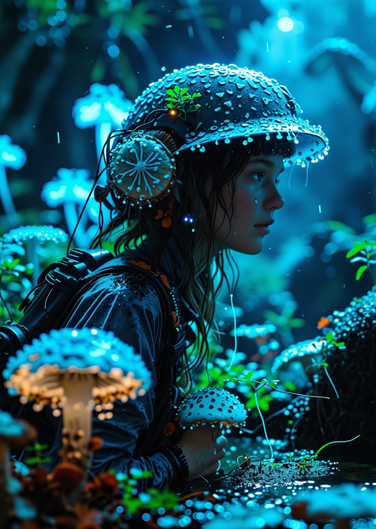 (photorealistic:1.3), masterpiece, 8k uhd, cinematic shot of a lone botanist-explorer standing in a dark, ancient cave. The explorer is wearing a practical, slightly worn high-tech suit. (The only light source is the ethereal, soft blue and green glow from strange, bioluminescent plants and giant mushrooms surrounding her:1.5). Water droplets on her helmet visor catch the faint light. Medium long shot, showing the character from the knees up,
 <lora:Mushroom_Portrait_Flux_v1:1> ,boshroomworld