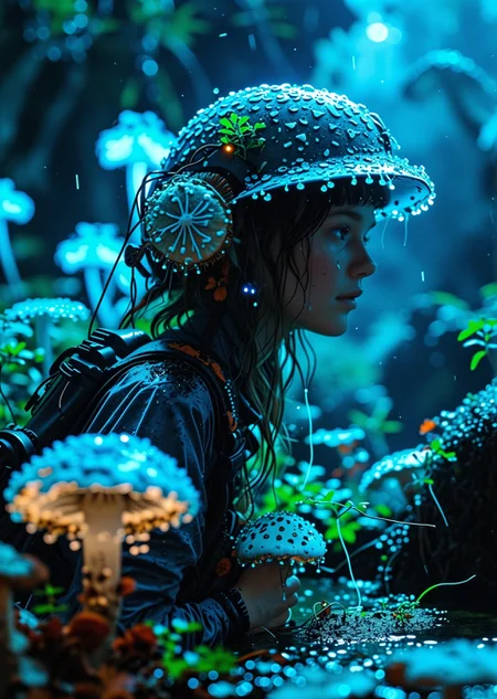 (photorealistic:1.3), masterpiece, 8k uhd, cinematic shot of a lone botanist-explorer standing in a dark, ancient cave. The explorer is wearing a practical, slightly worn high-tech suit. (The only light source is the ethereal, soft blue and green glow from strange, bioluminescent plants and giant mushrooms surrounding her:1.5). Water droplets on her helmet visor catch the faint light. Medium long shot, showing the character from the knees up,
<lora:Mushroom_Portrait_Flux_v1:1> ,boshroomworld