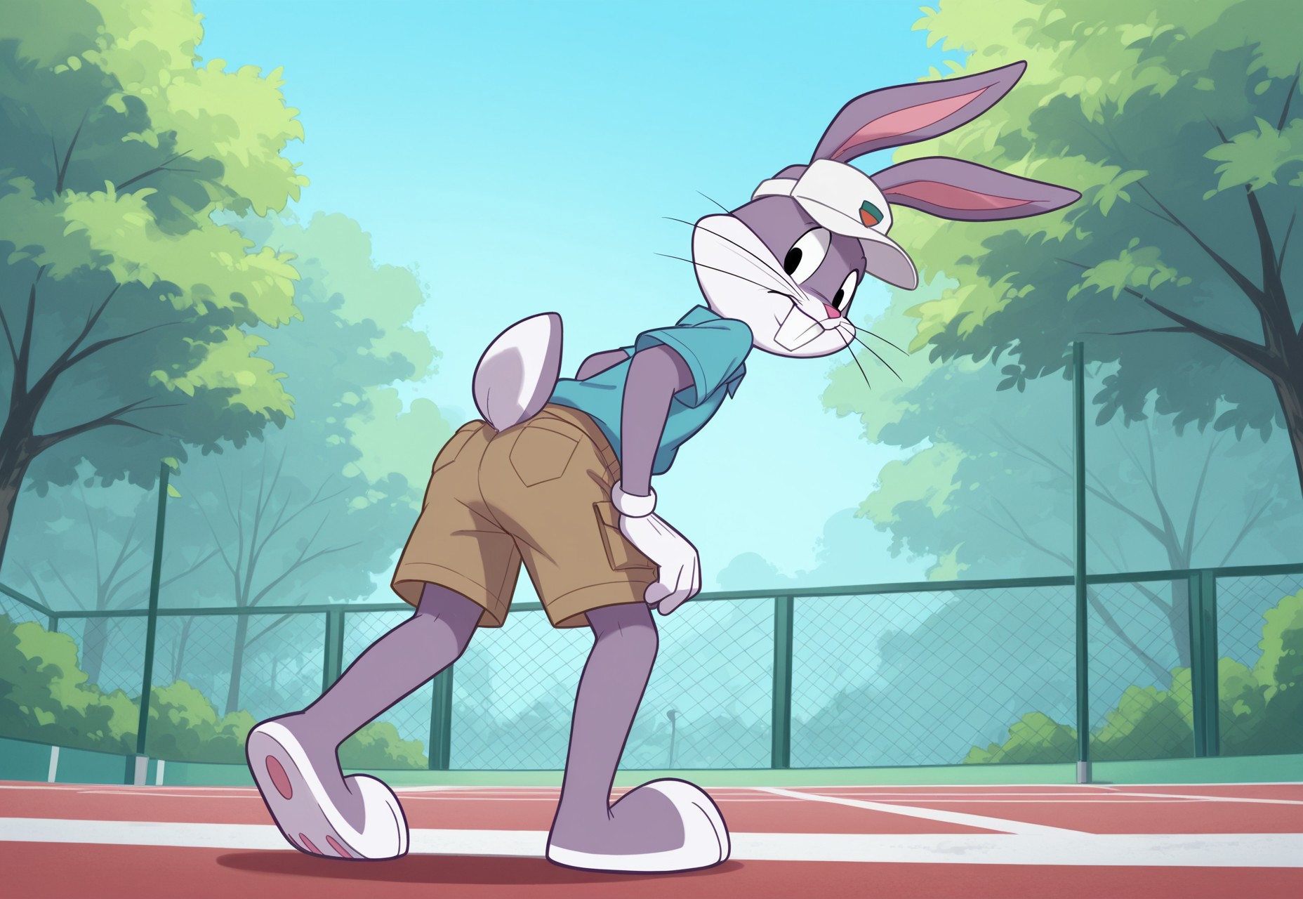 safe_pos, safe_pos, safe_pos, safe_pos, safe_pos, artwork, digital artwork, colorful source_e621, score_9, score_8_up, score_7_up, score_6_up, score_5_up, score_4_up, solo, bugs bunny, rabbit, rabbit boy, male, rabbit tail, rabbit ears, buck teeth, whiskers, black eyes, white sclera, 1boy, furry, fullbody, low view, from behind, looking back, looking overshoulder, overshoulder, looking at viewer, looking down, butt, tennis outfit, cargo shorts, detailed, detailed background, outdoors, outside, park, clothed, clothed, excellent detail, perfect detail, perfect eyes, perfect face, perfect mouth, perfect teeth, animal, natural lighting, hat, standing, 