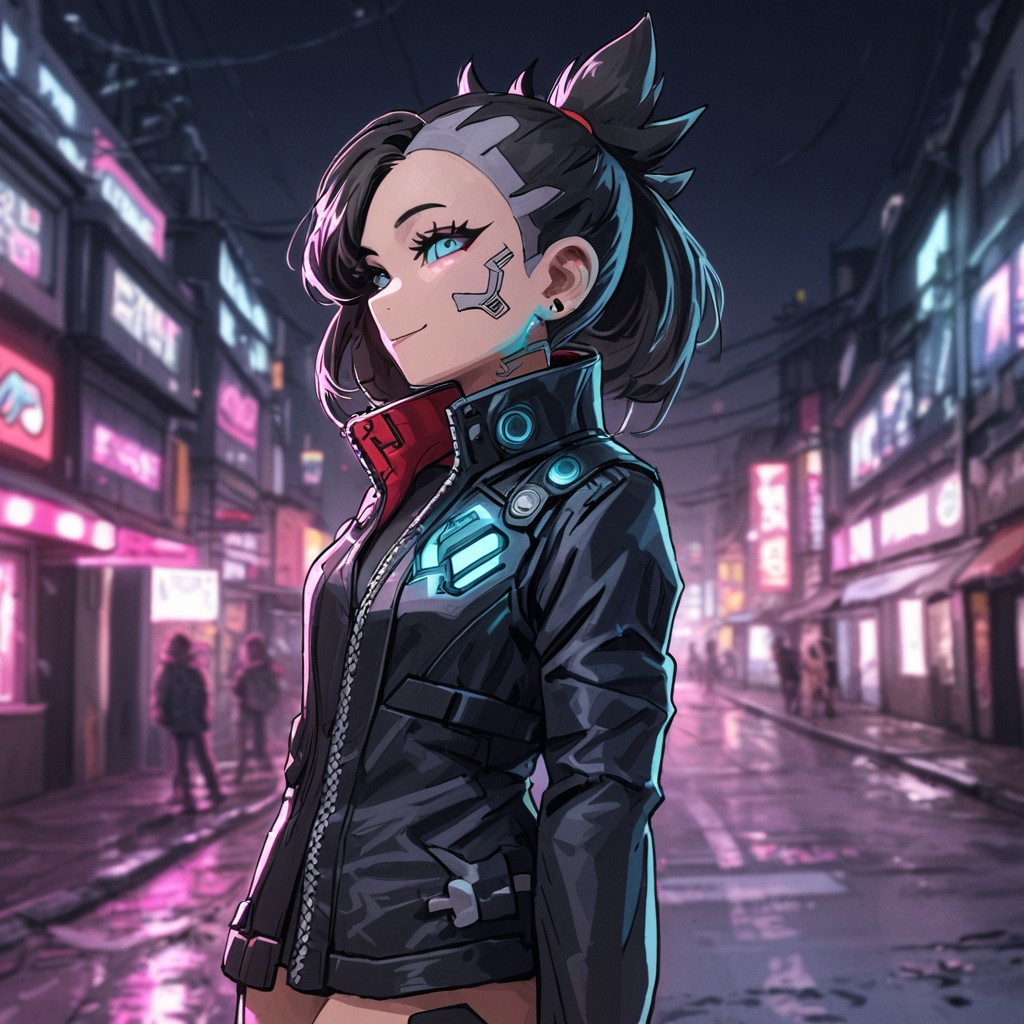 In a cyberpunk,town,shnywrld,outside,smiling,Marnie_(Pokemon), wearing a cyberpunk outfit,beautiful, high-quality,