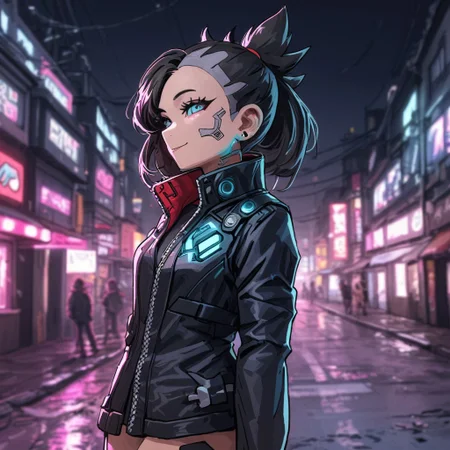 In a cyberpunk,town,shnywrld,outside,smiling,Marnie_(Pokemon), wearing a cyberpunk outfit,beautiful, high-quality,