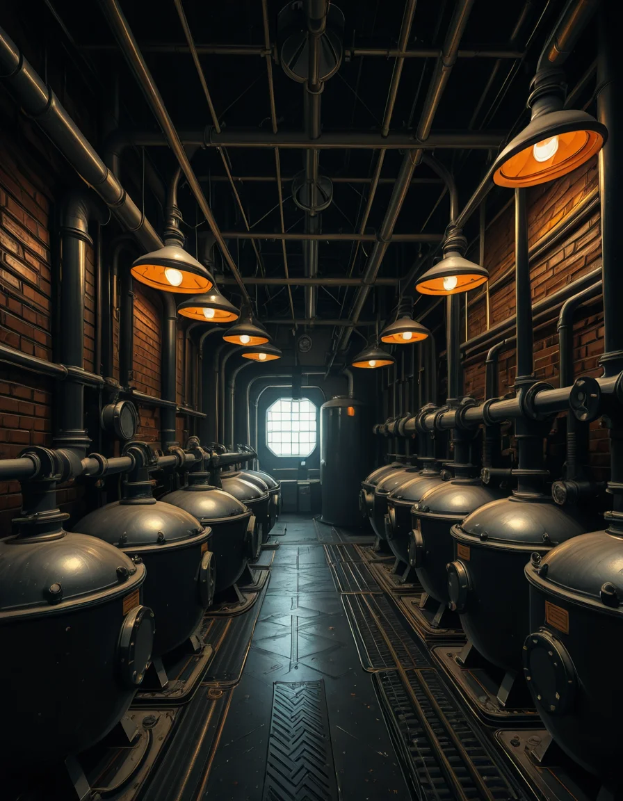 A highly detailed and realistic photograph of an industrial boiler room filled with large metal boilers, complex pipe systems, and pressure gauges. The room is dimly lit with a mix of warm yellow lighting from overhead industrial lamps and cool blue reflections from metallic surfaces. The air is slightly hazy with steam escaping from some of the pipes. The floor is made of reinforced concrete with visible stains from oil and water. Various control panels with blinking LED indicators and warning signs are mounted on the walls. The atmosphere is rugged and mechanical, evoking a sense of power and industrial efficiency. The depth of field is sharp, capturing intricate details such as rust on old pipes, the texture of the metal surfaces, and the labels on the control panels. The composition emphasizes symmetry, with pipes and machinery creating a structured, almost futuristic aesthetic.
<lora:SDXLFaeTastic2400:0.4> <lora:extremely_detailed:0.4> extremely detailed, <lora:industrial_boiler_room-i:1>,industrial b01l3r r00m, Masterpiece,best quality,hi res,8k,hi res,8k,award winning,(sharp focus, intricate, highly detailed),