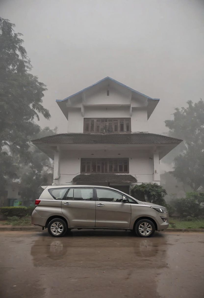 Toyota Innova, early morning, in front of the house, foggy,