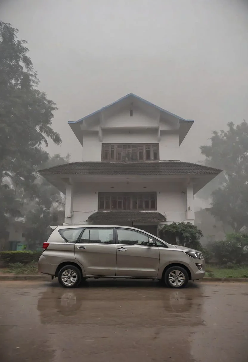 Toyota Innova, early morning, in front of the house, foggy,
