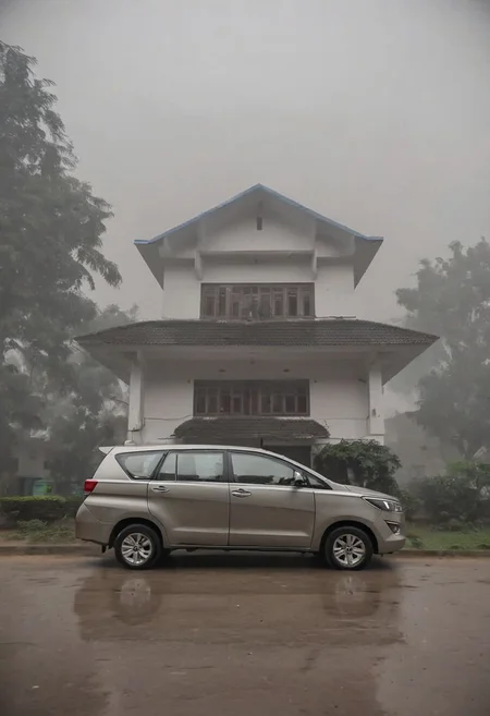 Toyota Innova, early morning, in front of the house, foggy,