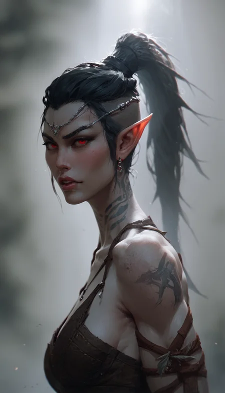 score_9, score_8_up, score_8_up, layering, ultra detailed, (ultra wide angle shot:0.65), shallow depth of field, alluring curves, tasteful sensuality, softcore, pinup girl pose, 1girl, ((dunmer)), skyrim, elder scrolls, dark elf, ((dark grey ashen skin)), drow with dark grey skin, large dark red eyes, small dark lips, black hair pulled back in sleek ponytail, tall and slender, supermodel look with pronounced sharp cheekbones and narrow sharp long chin, photo, painting, light rays, face focus, <lora:Expressive_H:0.35> Expressiveh, <lora:Dunmer:1.3>, <lora:Skyrim_Project_SDXL_r1:0.6> <lora:Fant5yP0ny:0.7>, <lora:MJ52:0.5>