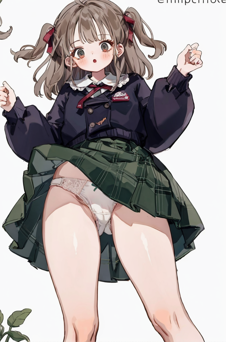 1girl, underwear, panties, solo, white panties, upskirt, skirt, from below, pantyshot, thighs, lace, standing, simple background<lyco:littledog:1>