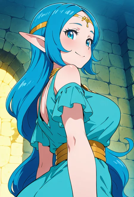 masterpiece, best quality, solo, curvy, beautiful eyes, narrow waist, wide hips, 1girl, solo, smile, looking at viewer, foreshortening, close up, anime screenshot, zzNayru, blue eyes, blue hair, bare shoulders, jewelry, very long hair, blue dress, elf, circlet, large breasts, ,<lora:NayruZelda_IXL_v2:1.0>,upper body, side view, smile, looking at viewer, shiny skin,