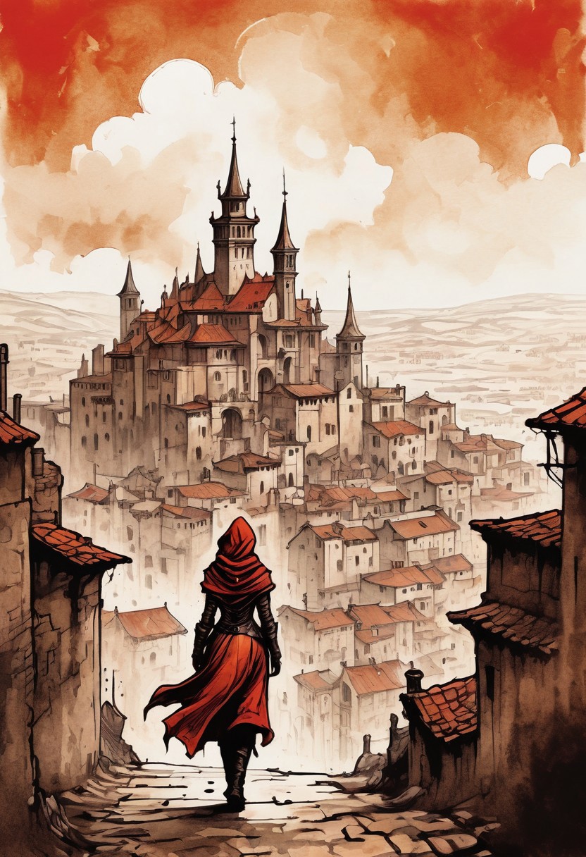 (Ink illustration on parchment). Mediterranean fantasy landscape, dirty streets, coal skies painted in vibrant shades of red and orange, endless fantasy city stretching to the horizon, a lone young woman traversing the massive medieval city, fantasy rogue outfit, next to mud brick buildings, massive fantasy buildings faded on the horizon, flickers of magical energy illuminating the bleak landscape, Ink splashes, rough ink sketch, moody, gloomy, massive palace in the far distance, high contrast, stylized, dark skin, close up on face, head and shoulder, leather medieval top with lowered hood, Art Nouveau Style