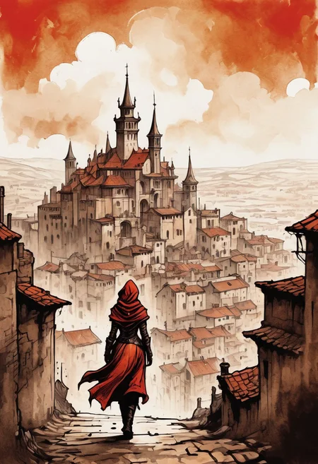 (Ink illustration on parchment). Mediterranean fantasy landscape, dirty streets, coal skies painted in vibrant shades of red and orange, endless fantasy city stretching to the horizon, a lone young woman traversing the massive medieval city, fantasy rogue outfit, next to mud brick buildings, massive fantasy buildings faded on the horizon, flickers of magical energy illuminating the bleak landscape, Ink splashes, rough ink sketch, moody, gloomy, massive palace in the far distance, high contrast, stylized, dark skin, close up on face, head and shoulder, leather medieval top with lowered hood, Art Nouveau Style