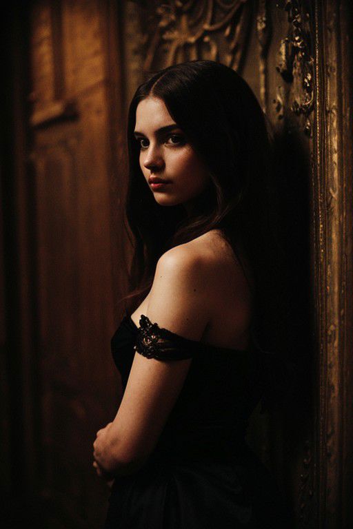 Masterpiece, portrait medium shoot of a beautiful woman standing within the dimly lit halls of a dark castle during a mysterious night party. Illuminate the scene with a faint light, highlighting her hair and nose, adding to the enchanting atmosphere. Incorporate eerie and damp elements, along with subtle contrasts, to evoke a sense of mystery. Enhance the Victorian-style surroundings with old master paintings hanging on the walls, Capture the essence of glamour and intrigue within the enigmatic castle setting, lowkey DV_Vicky_Vicious