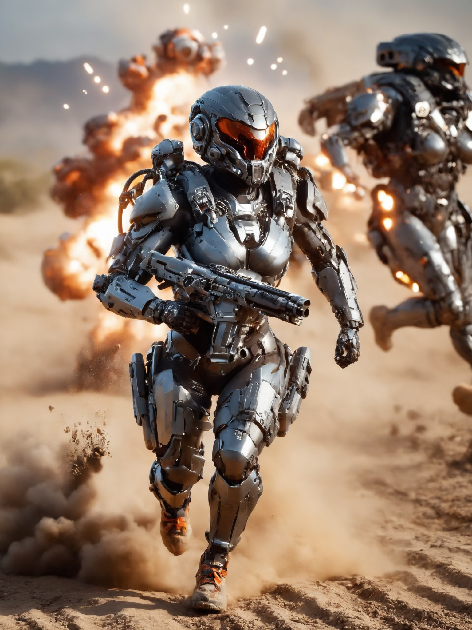 woman running over battlefield holding gun, cyberpunk, heavy bodyarmor, helmet, orange visor, explosions, dirt, dust, motion blur, mad-hvybdyarmr, cinematic shot, dramatic lighting, masterpiece, best quality, ultra high res, (photorealistic, realistic:1.2), deep shadow, raw photo, film grain, Fujifilm XT3, 8k uhd, dslr