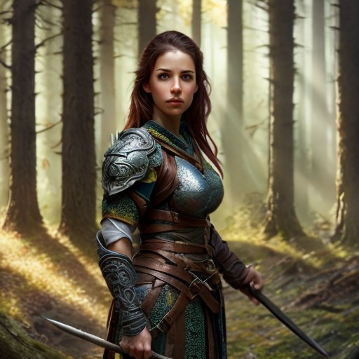 RAW photo, (masterpiece:1.3), subsurface scattering, heavy shadow, (high quality:1.4), (intricate, high detail:1.2), professional photography, HDR, High Dynamic Range, realistic, ultra realistic, photorealistic, high resolution, film photography, ambient lighting, atmospheric effects, <lora:detail_slider_v4:2>, OverallDetail, a female ranger, intricate leather armor, holding a spear in hand, in a sinister forest,  <lora:FantasyRanger:0.6>, FanRan, FanFo, detailed face, <lora:FantasyForest-10:0.55>,