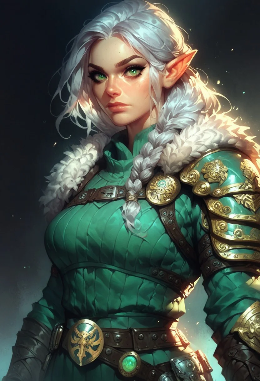 score_9, score_8_up, score_7_up, woman, simple background, black background, ranger, archer, green eyes, gorgeous, elf, fur outfit, (viking outfit), slavic outfit, pale skin, solo, cobalt armor, standing up straight, calm face, green eyes, silver hair, mature, closed mouth