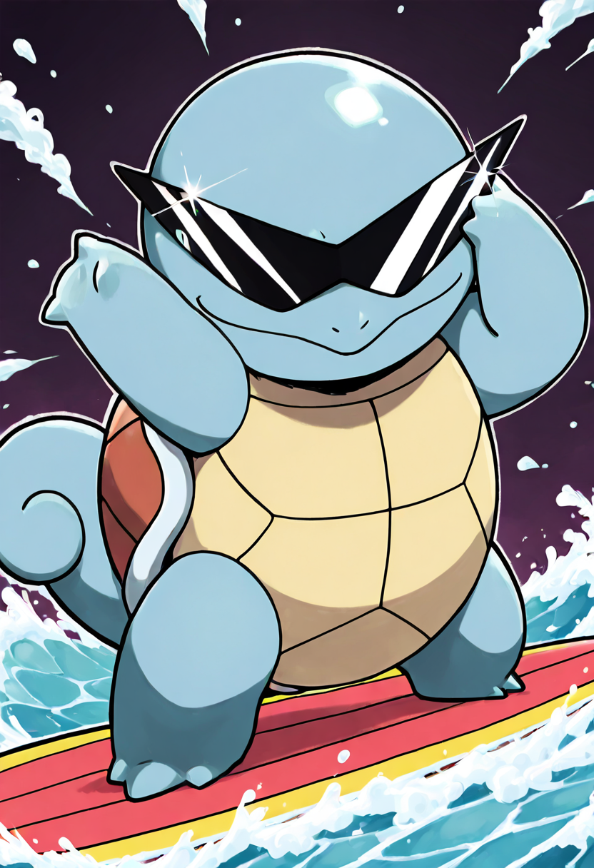 masterpiece, best quality, no humans, solo,    SquirtleSwag, sunglasses,   posing on top of a surfboard mid-trick, one arm raised as waves crash behind, glint of mischief in its mirrored lenses.  ,<lora:SquirtleSunglasses_IXL:1.0>,