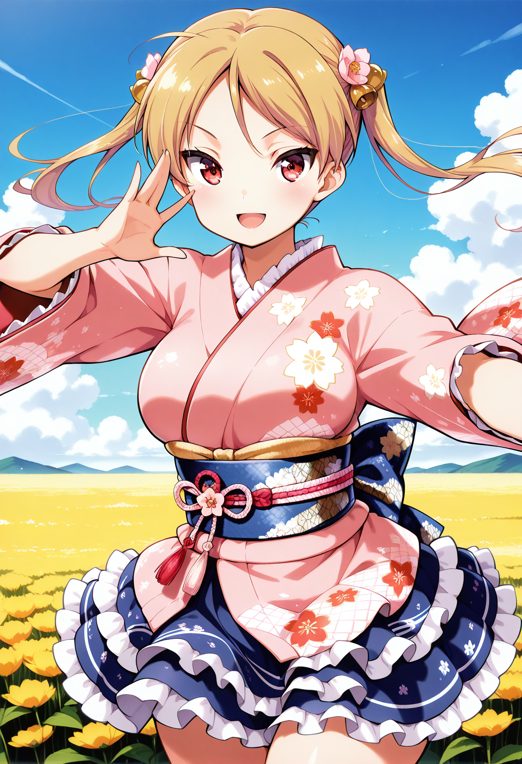 1girl, solo, (field:1.2), (blue sky:1.2), looking at viewer, smile, smile, open mouth, 
suzunoki_rin, red eyes, blonde hair, twintails, hair bell, japanese clothes, pink kimono, sash, frills, obi, skirt, <lora:suzunoki_rin_illustrious_ver1:0.8>, masterpiece, best quality, general,, (cowboy shot, dynamic pose:1.4),