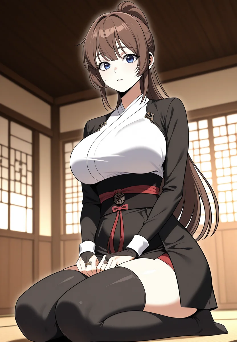 zPDXL3, score_9_up, score_8_up, score_7_up, ,Masterpiece,(perfect female body:1.2), small waist, (incredibly detailed:1.4), beautiful fingers, (large breasts:1.4) huge breasts, looking at viewer, <lora:Alicia_Arden_-_I_Killed_the_Player_of_the_Academy-Kaleid-Illustrious:1> aliciaarden, 1girl, brown hair, long hair, blue eyes, ponytail, skirt, black thighhighs, black jacket, bridal gauntlets, long sleeves, black skirt, obi, red ribbon, white kimono, japanese clothes, seiza, dojo, indoors