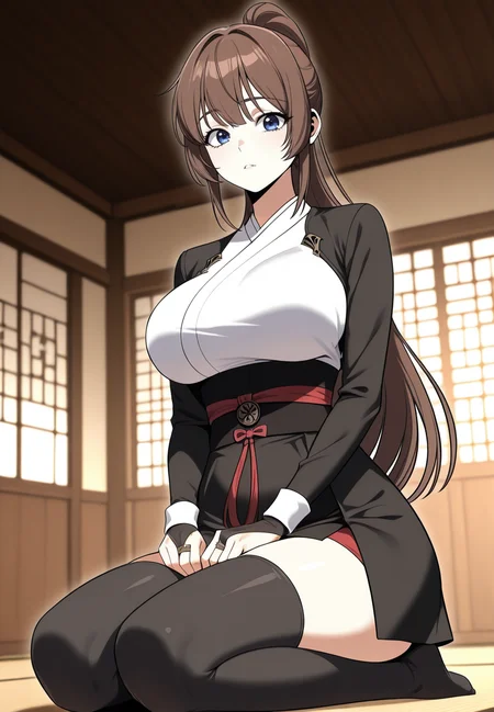 zPDXL3, score_9_up, score_8_up, score_7_up, ,Masterpiece,(perfect female body:1.2), small waist, (incredibly detailed:1.4), beautiful fingers, (large breasts:1.4) huge breasts, looking at viewer, <lora:Alicia_Arden_-_I_Killed_the_Player_of_the_Academy-Kaleid-Illustrious:1> aliciaarden, 1girl, brown hair, long hair, blue eyes, ponytail, skirt, black thighhighs, black jacket, bridal gauntlets, long sleeves, black skirt, obi, red ribbon, white kimono, japanese clothes, seiza, dojo, indoors