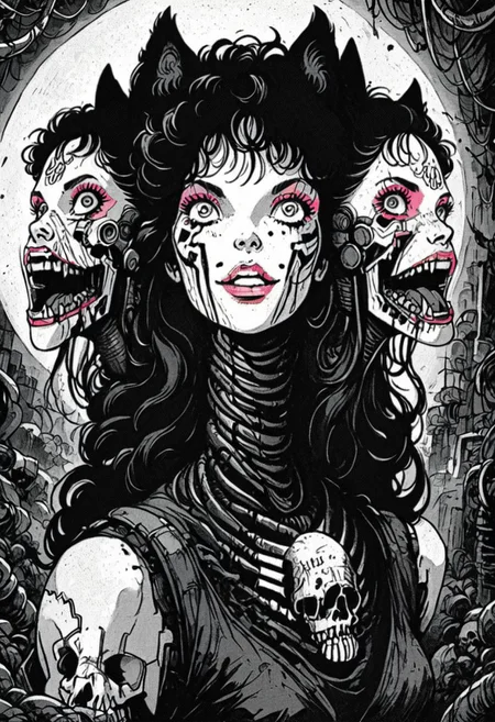 score_9, 1girl, solo, Barbie, xenotr1p, monochrome, selective pink color, knva, halftone effect, retro artstyle, jungle girl, barbarian, face paint, tattoos, long curly hair, (pink lips, pink eyeshadow), cowboy shot, creepy smile, horror, blood, selective red colour, neon, Patrick Nagel style, crazy eyes, cyberpunk, Cerberus, three heads,