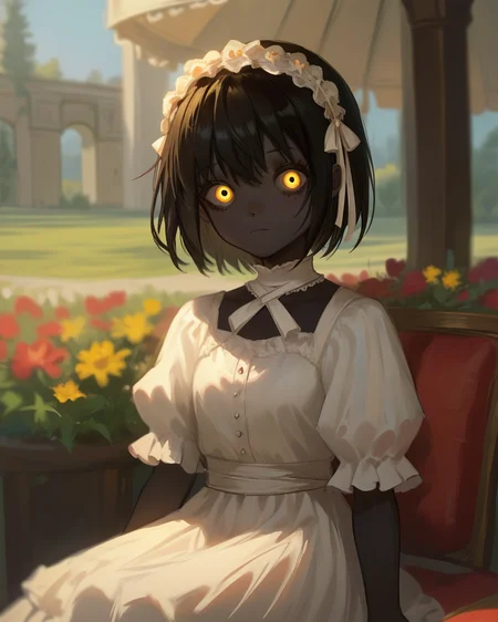 score_9, score_8_up, score_7_up, sitting, terrace, 1girl, dress, eveyuno, upper body, blurred background, yellow eyes, black skin, <lora:eveyuno:0.8>