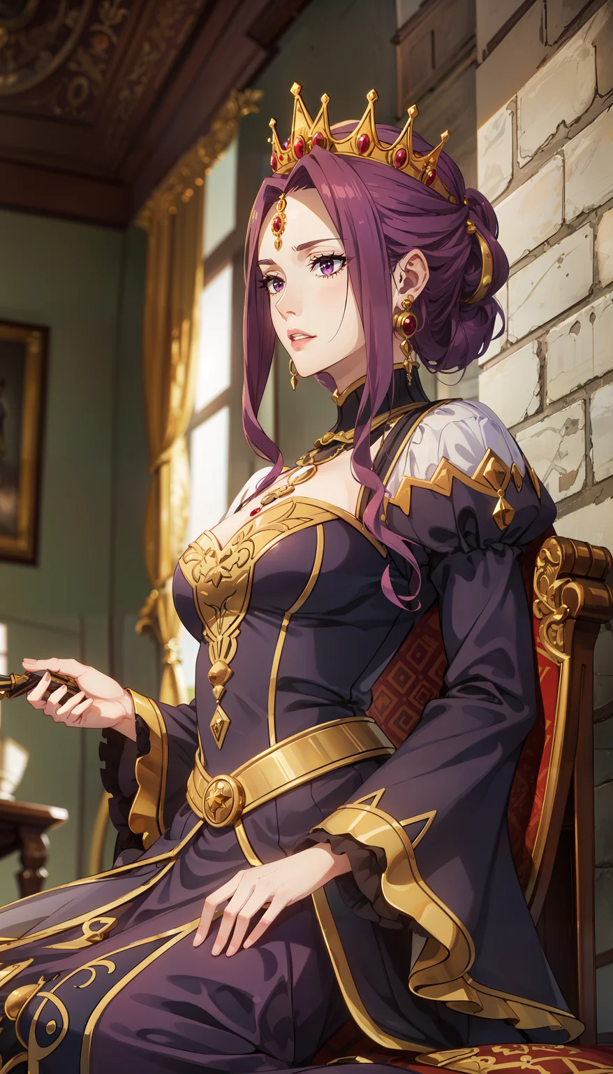 photorealistic, (4k), depth of field, (Masterpiece), (realistic skin texture), extremely detailed, intricate, hyper detailed, professional photography, bokeh, high resolution, sharp detail, best quality, woman, purple hair, purple eyes, purple dress, royal dress, high collar, white puffy sleeves, long sleeves, crown, earrings,  <lora:GoodHands-beta2:0.8> , <lora:detail_slider_v4:0.8> , <lora:Mirelia Q Melromarc-000004:0.7> , dynamic pose, (reclining), medieval castle, stone,