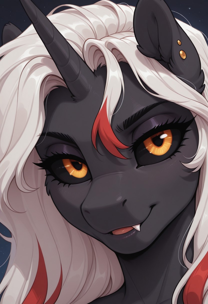 solo, 1girl, EventH0riz0n, furry pony girl, close up, fang, black sclera