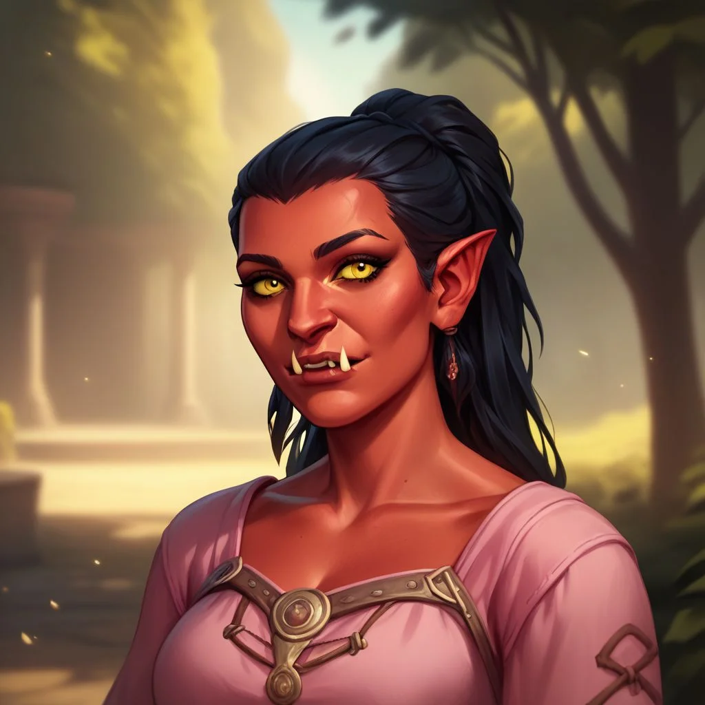 (((beautiful, high quality))), upper body, score_9, score_8_up, score_7_up, solo,
looks at the viewer,
Hobgoblin, red skin, fangs, big nose, 1girl, yellow eyes, long black hair, pink dress,
outdoor, fantasy background, nature, blurred background,