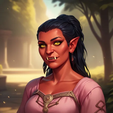 (((beautiful, high quality))), upper body, score_9, score_8_up, score_7_up, solo,
looks at the viewer,
Hobgoblin, red skin, fangs, big nose, 1girl, yellow eyes, long black hair, pink dress,
outdoor, fantasy background, nature, blurred background,