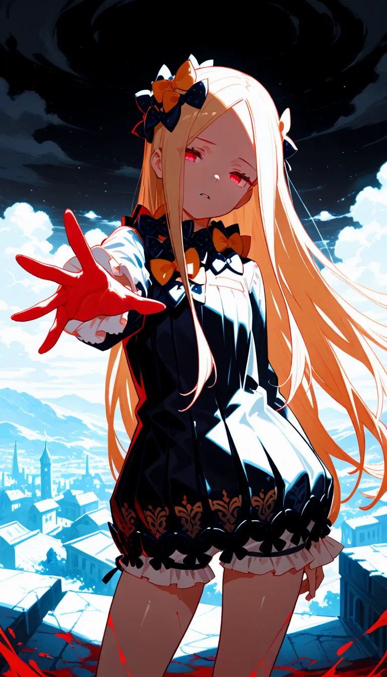 (masterpiece, best quality), amazing quality, very aesthetic, absurdres, highres, newest, HDR, 8K, high detail RAW color art, intricate details, high contrast, detailed background, large pupil, eyelashes, shiny skin,
1girl, abigail williams \(fate\),  close-up, flower, detailed backgrounds, bloom effect, dappled light, looking at viewer, contrapposto, pose, parted lips, (limited effect, flat color:1.1), cloud, sky, closed mouth, dark sky, outstretched arm, reaching, cowboy shot, standing, outdoors, walled city in the distance, landscape, detailed embroidery, sad, blood effect, dappled light, contrapposto, pose, parted lips, (limited effect, flat color:1.1), <lora:748cmSDXL:0.5>, <lora:薄塗り:0.25>, <lora:ponyv5_noobV065S_1:0.8>, <lora:spo_sdxl_10ep_4k:0.6>, <lora:GBF_Illustrious:0.4>, <lora:MeMaXL4:0.4>