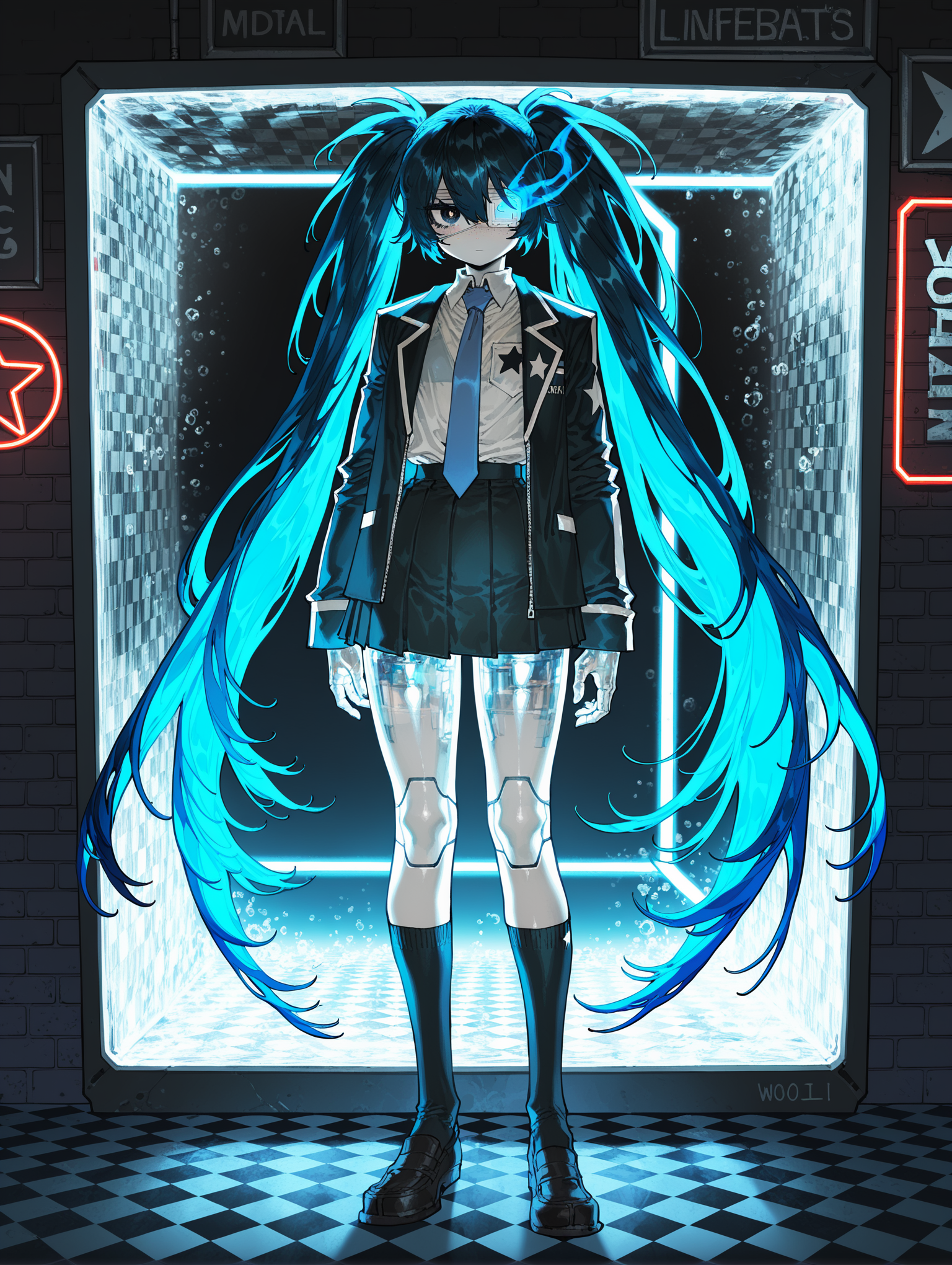 1girl ,black_rock_shooter , optical illusion, ssambatea, quasarcake, Fishine, negative space, see-through_body ,made of, tiny neon glass filaments, w0gf1l, Android, star, solo, glass skin, made of glass,neon light, detailed background, hand out frame, masterpiece, best quality, amazing quality, very aesthetic, absurdres, newest,blue hair,very long hair,twintails,bangs,hair between eyes,medical eyepatch,freckles,school uniform,collared shirt,necktie,jacket,open jacket,long sleeves,pleated skirt,loafers,socks,black eyes,long hair,long sleeves,
,masterpiece,best quality,amazing quality,