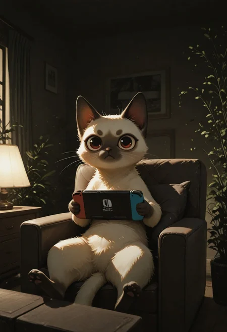 masterpiece, newest, absurdres, incredibly absurdres, best quality, amazing quality, very aesthetic, newest, no lineart, no outline, scenery,  (chiaroscuro), no humans, animal, Siamese cat, big eyes, whiskers, paws, solo, animal focus, reclining, armchair, window, closed curtains, playing games, grumpy, looking at viewer, holding nintendo switch,  (dark room), living room, decorative plants, lamp, warm light, shadows, cowboy shot, usnr, S4bit4mago_illu