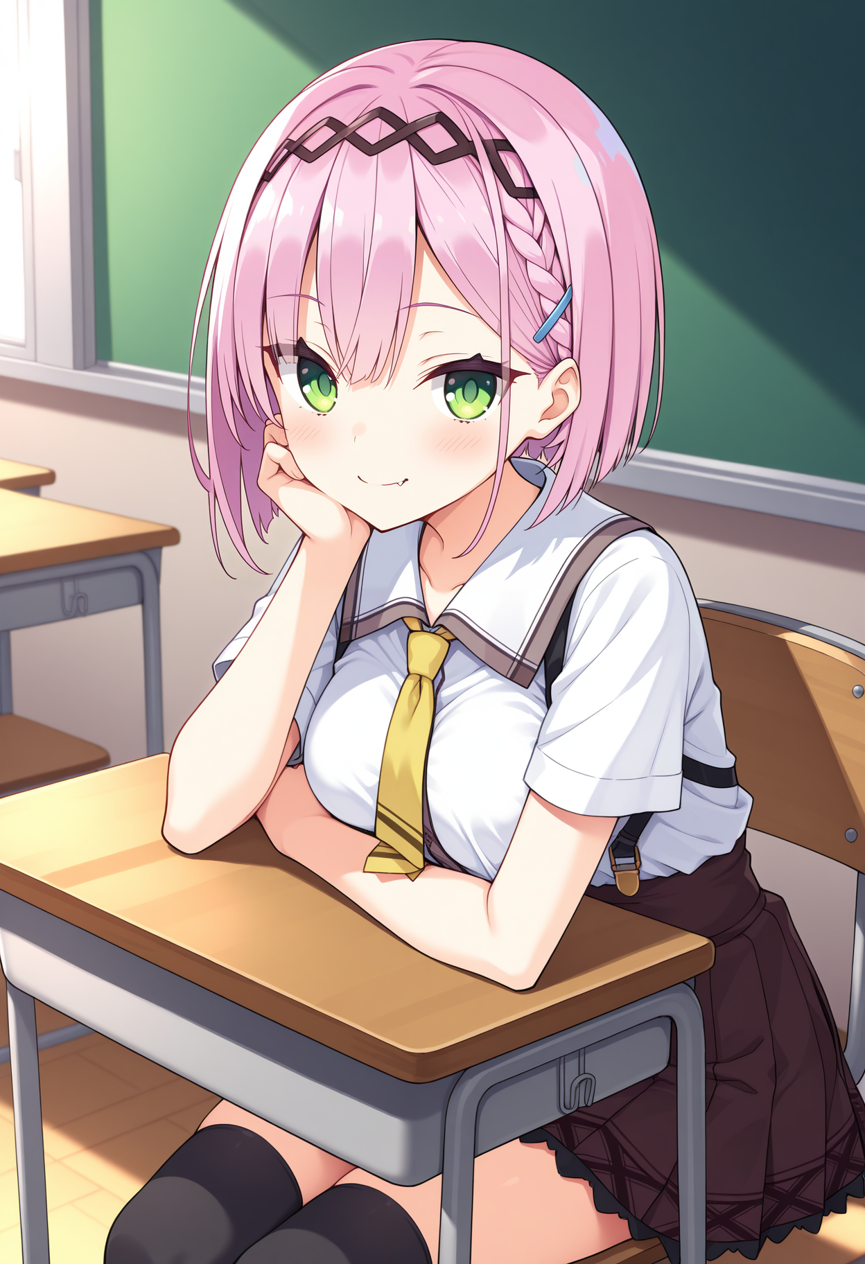 1girl, aaamane, pink hair, short hair, braid, hairband, hair ornament, hairclip, green eyes, fang, breasts, school uniform, yellow necktie, white shirt, short sleeves, suspender skirt, brown skirt, black thighhighs, <lora:tanikaze_amane_ilxl_v1:0.9>, sitting, classroom, desk, on chair, hand on own cheek, smile, arm rest,
masterpiece, best quality, amazing quality,