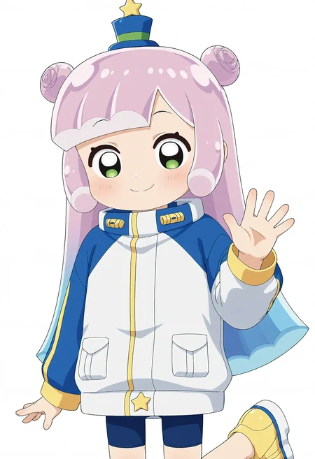 <lora:Hyper-SDXL-8steps-lora:1> score_9, score_8_up, score_7_up, best quality, uncensored, source_anime,
BREAK
front view, little smile, closed mouth, standing, facing viewer, cowboy shot, looking at viewer, waving, white background,
no background, white background, 1girl, (blush:-1.2),
<lora:PKS-puniru_XL(pony)v10t:1> puniru \(puniru wa kawaii slime\), pink hair, blue hair, multicolored hair, double bun, long hair, green eyes, mini hat, jacket, black bike shorts, yellow shoes, platform footwear,