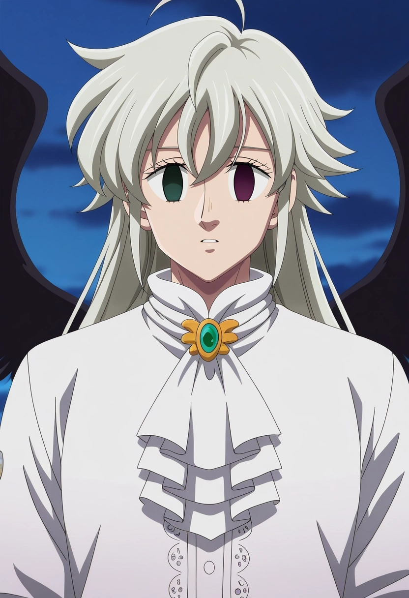 masterpiece, best quality, intricate details, anime screencap, anime coloring, official style, looking at viewer, 1boy, solo, male focus, <lora:tristan_liones_ilxl:0.98>, tristan_liones, grey hair, green eyes, long hair, ahoge, white shirt, white ascot, black wings, purple eyes, empty eyes, ,
