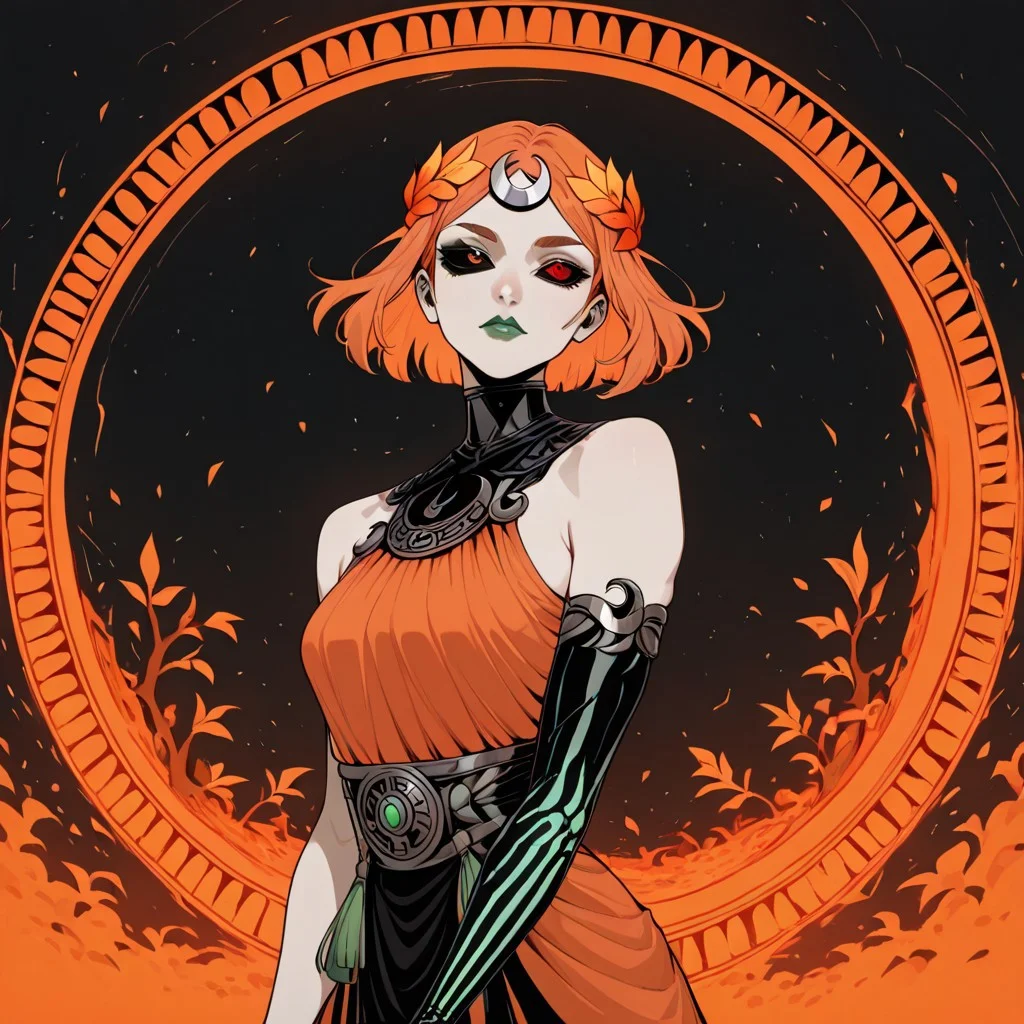 masterpiece, best quality, newest, absurdres, highres, AGPV1.1, orange backgrond, monochrome,
1girl, melinoeehades-IL.V1.0, melinoe, green lips, hair ornament, laurel crown, heterochromia, green eyes, red eyes, mismatched sclera, black sclera,single elbow glove, skeletal arm