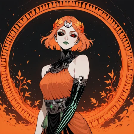 masterpiece, best quality, newest, absurdres, highres, AGPV1.1, orange backgrond, monochrome,
1girl, melinoeehades-IL.V1.0, melinoe, green lips, hair ornament, laurel crown, heterochromia, green eyes, red eyes, mismatched sclera, black sclera,single elbow glove, skeletal arm