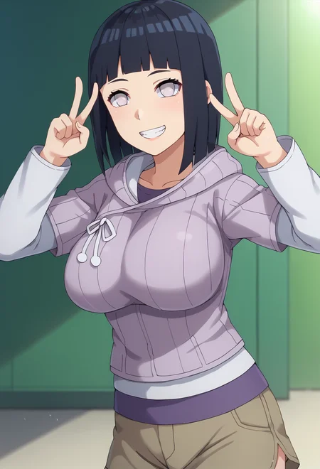 score_9, score_8_up, score_7_up, source_anime,BREAK, 1girl,solo,hinapony, hooded jacket, , pearl eyes, layered sleeves, <lora:HinataborutoPONYXL:0.7>, large breasts, smile, brown shorts, v pose,tsukiyo_(skymint)