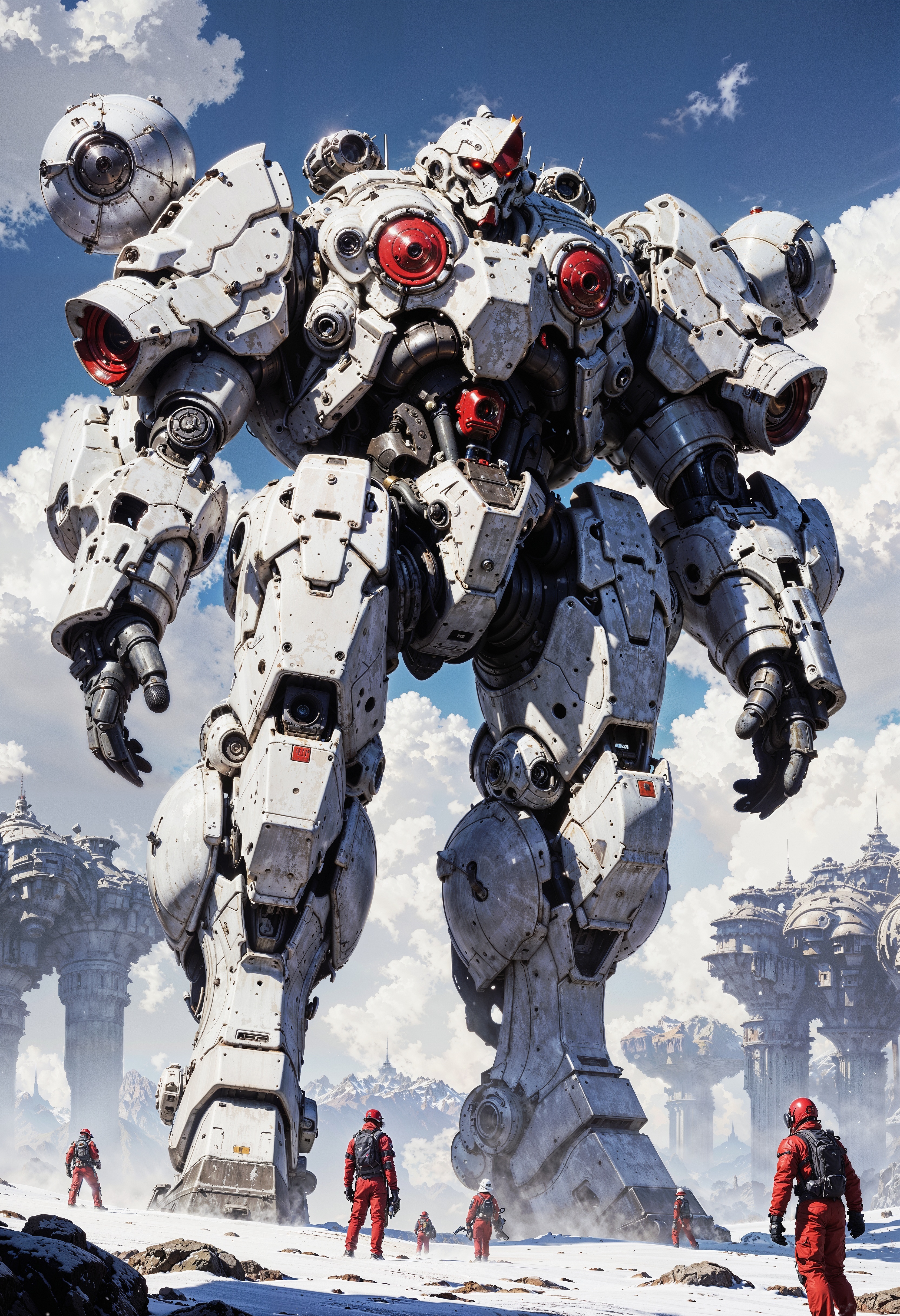 a highly detailed, futuristic digital artwork depicting a massive, towering mech in a sci-fi setting. The mech is primarily white with red accents, featuring large, spherical shoulder components and intricate mechanical details. It stands amidst a snowy landscape, surrounded by smaller figures in red spacesuits, suggesting a sense of scale and grandeur. The sky is a mix of blue and white, with additional large structures visible in the background, enhancing the futuristic theme. The composition is dynamic, with a low-angle perspective emphasizing the mech's imposing presence. The overall color palette is dominated by whites, reds, and blues, creating a stark contrast between the mechanical elements and the natural environment. <lora:FluxMythG0thicL1nes:0.6> <lora:RetroAnimeFluxV1:0.6> <lora:FredFraiStyle-FLUX-Share:0.6>  <lora:dark_fantasy_flux:0.6>